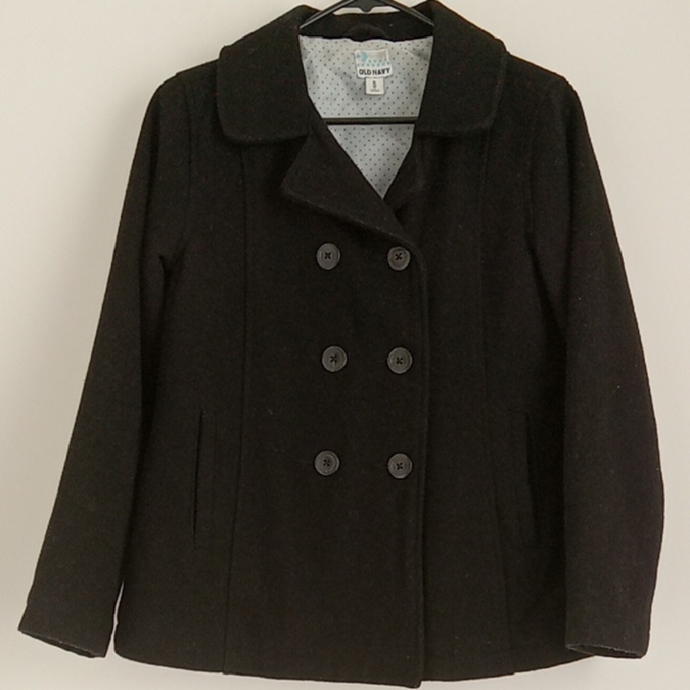 Black Pea Coat with Double-Breasted Design and Notched Lapel
